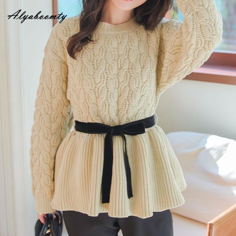 2025 Koreanischer Stil Frühling Herbst Damenpullover Kurzer O-Ausschnitt Aprikose Grau Uni Gestrickter Pullover Elegant Feminin Damenpullover mit Schärpen