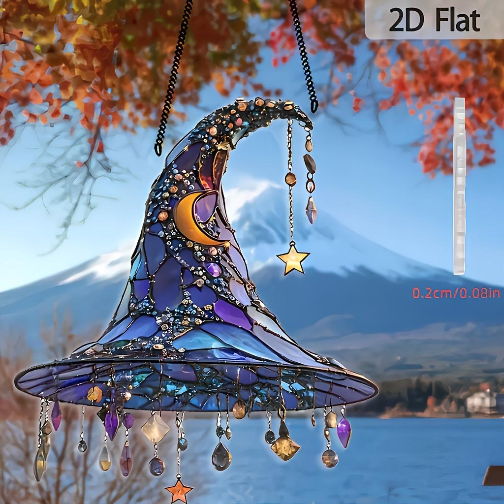 Halloween 2D Acrylic Witch Hat Hanging Decoration With Moon And Star Dangles, Window Ornament