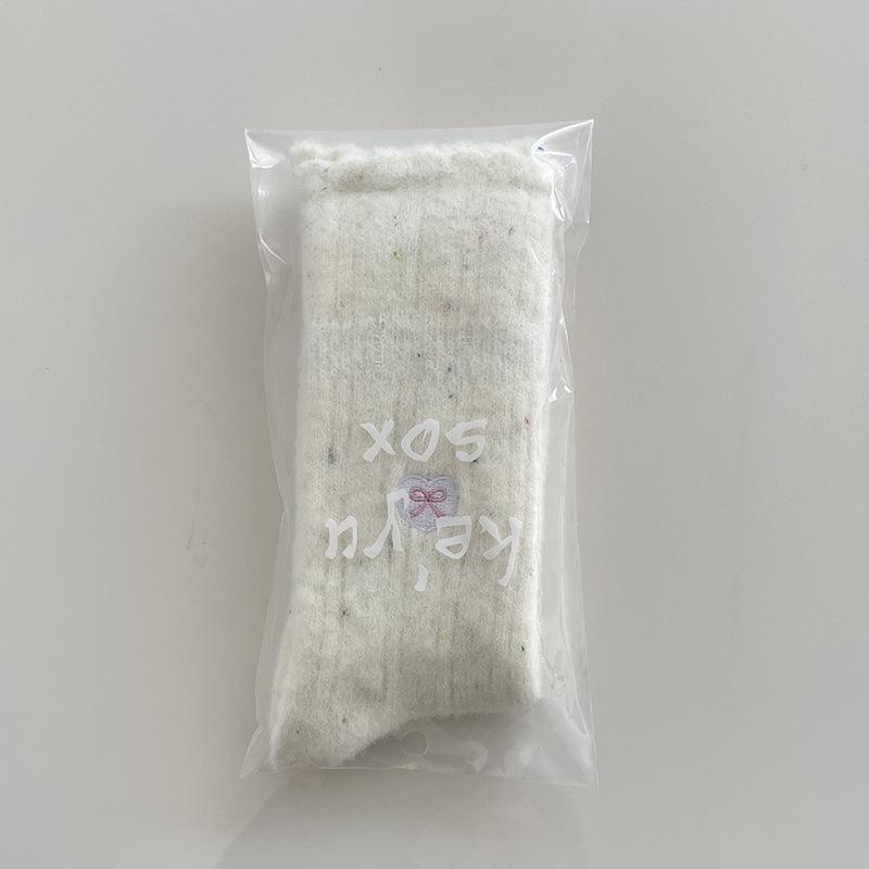 SP&CITY Korean Cartoon Embroidery Wool Socks Women's White Bow Stripe Plush Middle Tube Socks Winter Breathable Thickned Socks