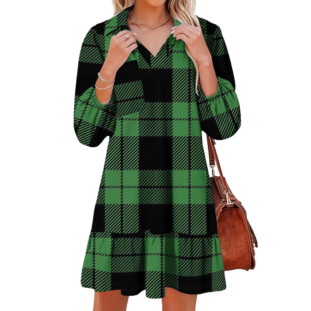Women's fashionable and elegant long-sleeved V-neck pocket plaid print dress