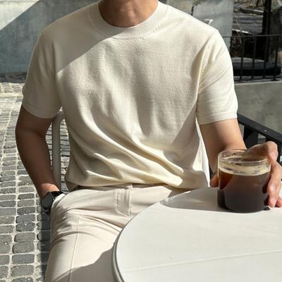 Yousheng Summer Men T-Shirt Crew Neck Solid Color Short Sleeves Knitted Shirt Breathable Slim Fit Lightweight Basic Tee Casual Business Top