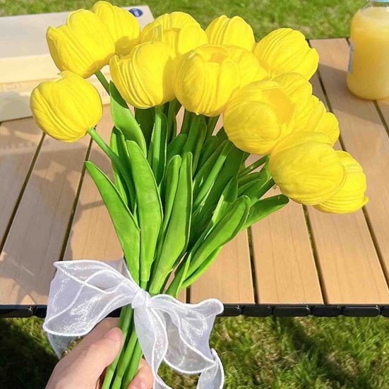 Real Touch Artificial Tulip Flower 13.7" PU Faux Tulips Lifelike Fake Tulip with Long Stem for Wedding Home Table Centerpiece Spring Garden Decor