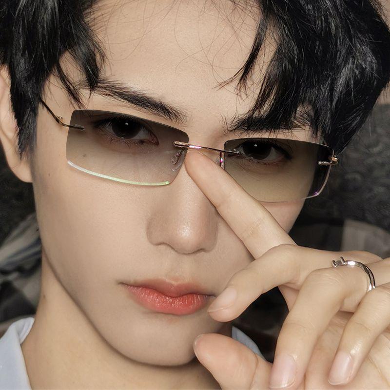 Ultra Light Frameless Color Changing Myopia Glasses for Women Men Temperament Anti Blue Light Photochromic Near Sight Eyeglasses