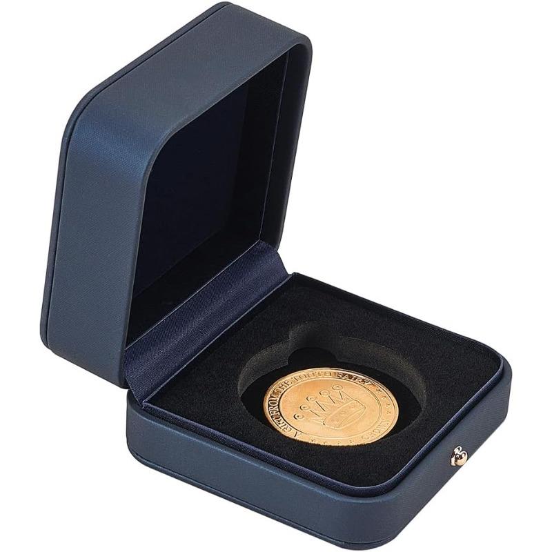 1 pz Scatola Espositore per Monete 45mm Porta Scatole Quadrata Blu Prussia in Ecopelle per Conservazione Monete con Velluto Nero