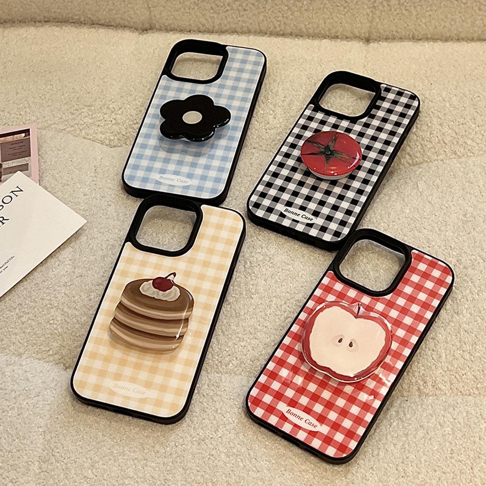 Plaid Fruit Stand iPhone 14/16/17 Pro Max Epoxy Retro Couple Phone Case