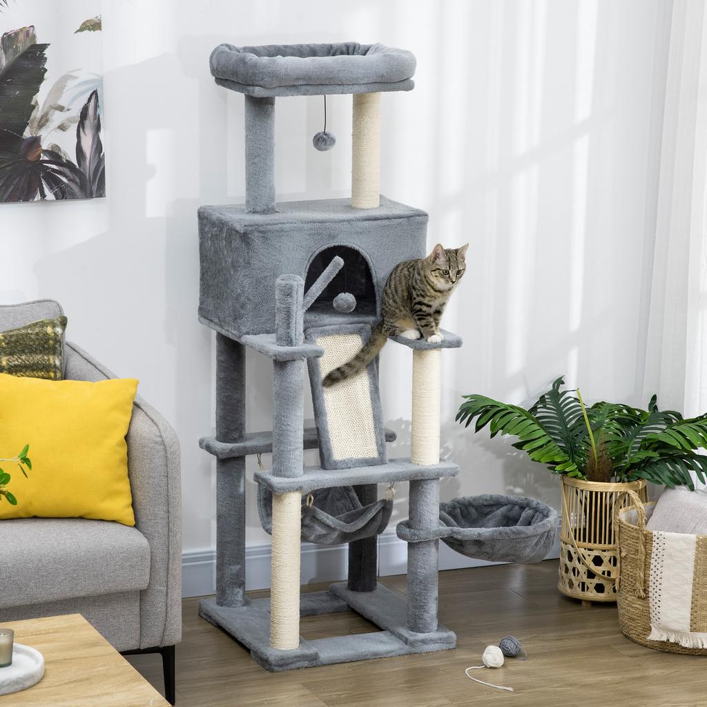 Cat Scratching Tree with Sisal Posts, House, Bed and Hammocks, 48x48x140cm, Grey