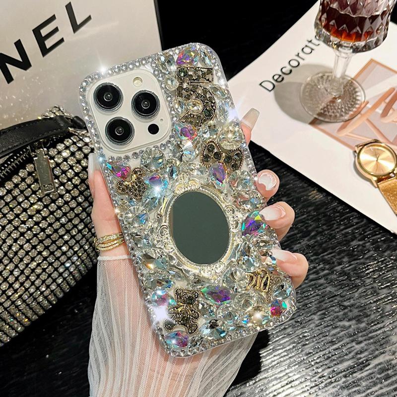

For IPhone16promax Mobile Phone Case for Apple 15 Oval Mirror 14 Full Diamonds 13 Luxury Bow Rhinestones For iPhone 17Promax
