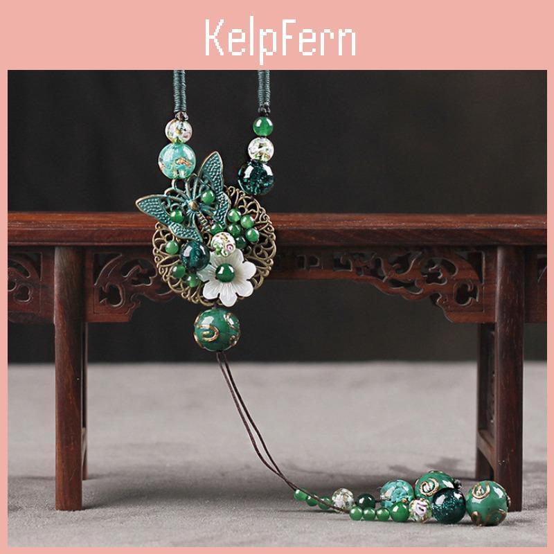 Retro Womens Pendant Ethnic Necklace Style Long Jade Necklace Sweater Chain Lucite Accessories Jewelry Gift