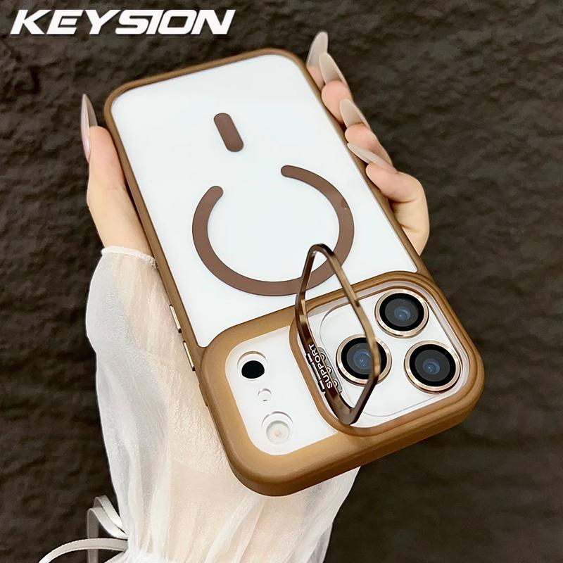 KEYSION Magnetic Transparent Phone Case for MagSafe for iPhone 11 12 13 14 Pro Max Lens Protector Metal Stand Shockproof Cover