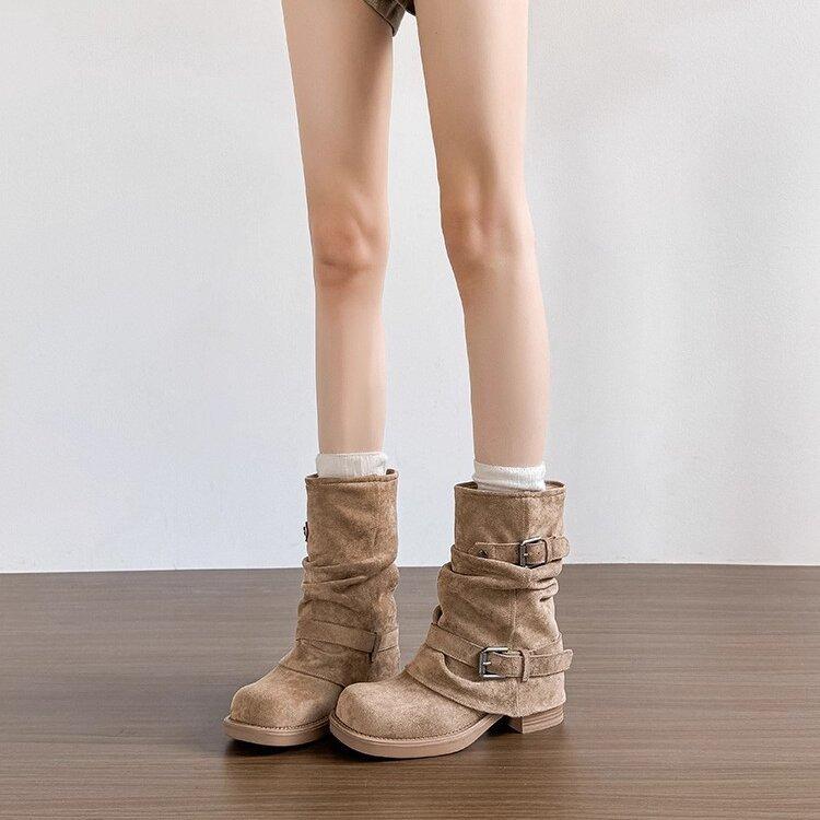 Keep it for yourself~ Thick-soled western cowboy pleated piled boots women's autumn and winter retro knight Martin boots thick heel trouser tube shor