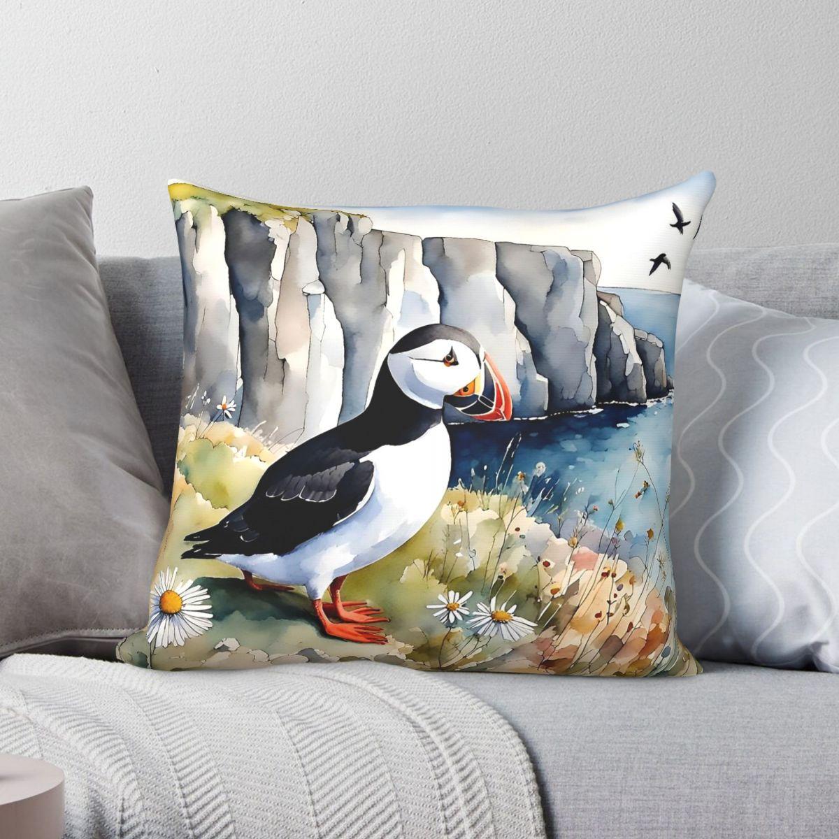 Exquisite Ornaments Unisex Clifftop Puffin Amongst Wildflowers Square Pillowcase Polyester Linen Velvet Pattern Zip Decorative Home Cushion Cover