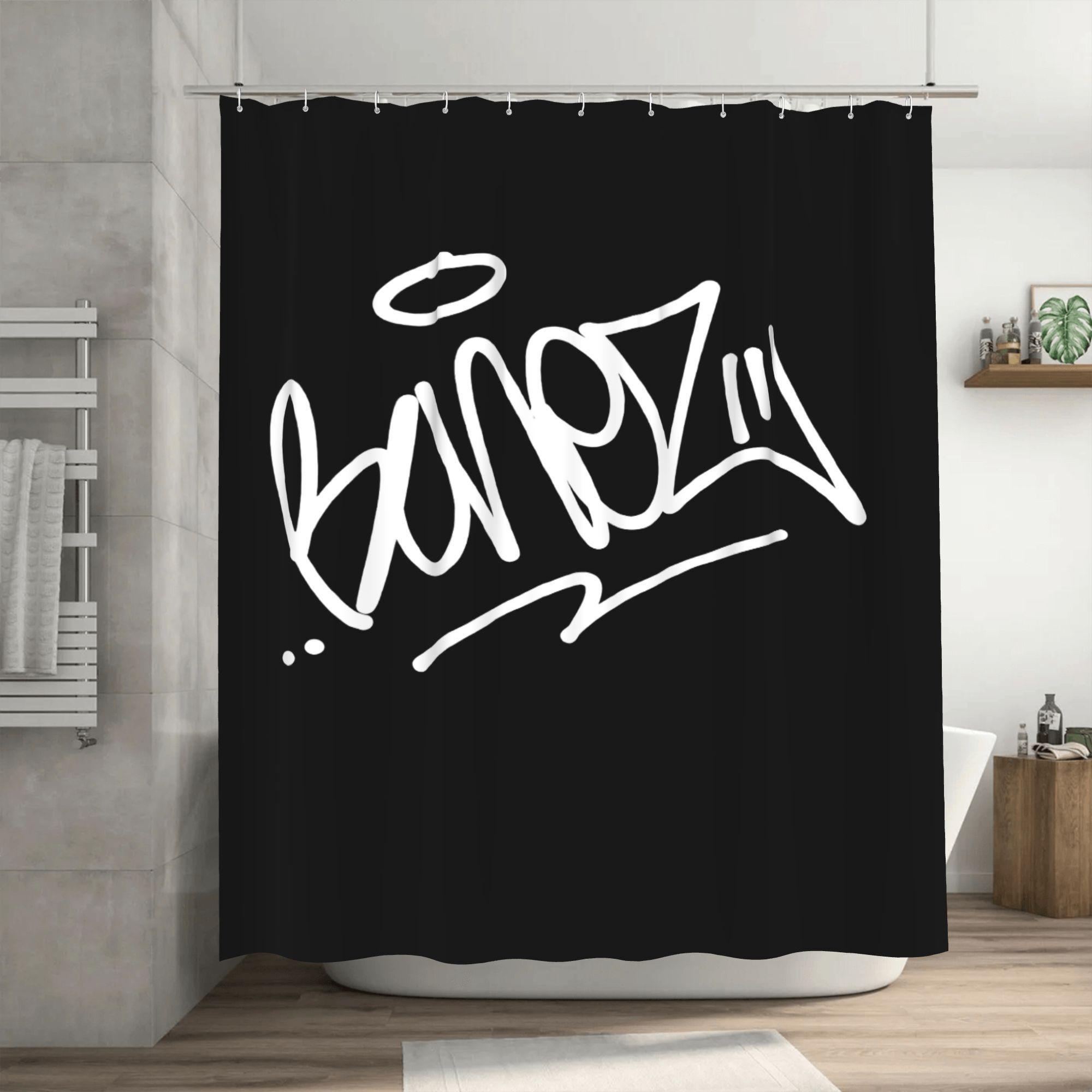 

Bonez Graffiti-Inspired Shower Curtain with Hooks - Black & White Bold Design, Durable Polyester Fabric, Machine Washable Bathro 90x180cm