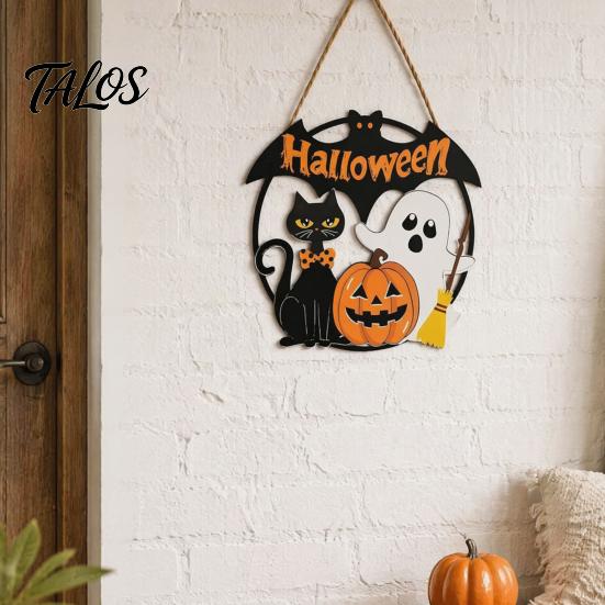 Durable Holiday Party Supplies Halloween Wood Hanging Ornament with Ghost Pumpkin Bat Cat Prints, Childlike Scary Decor Waterproof Front Door Sign for