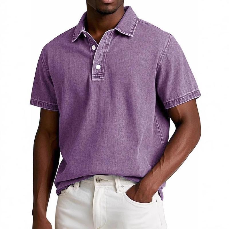 Men's Fashion Solid Color Inlaid Pattern Retro Short Sleeve Polo Shirt
