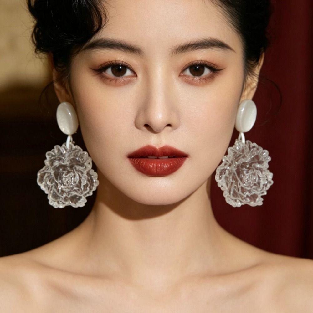 3D Flower Flower Dangle Earring Clear White Statement Earring New Camellia Flower Earring Women