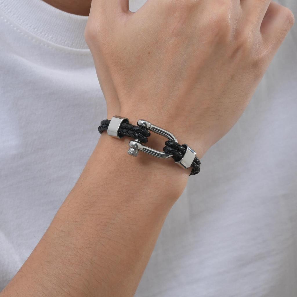 Stylish Leather Bracelet for Men Boys,Black Double Layers Leather Rope Bracelets,Trendy Jewelry Gifts to Dad Husband