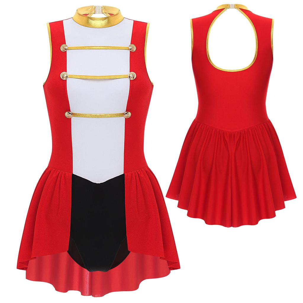 Women's Circus Ringmaster Halloween Costume Sleeveless Skirted Leotard Showman Jumpsuit