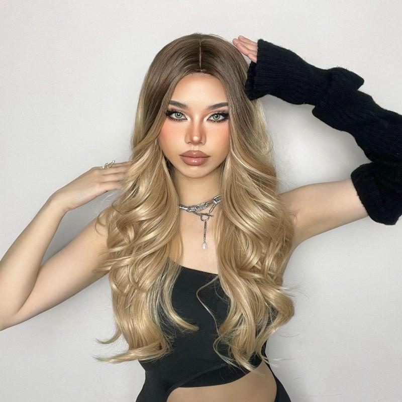 Ombre Braun Blonde Perücke Lange Wellenförmige Mittelteil Kostüm Cosplay Party Synthetische Perücke für Frauen Afro Hitzebeständige Faser