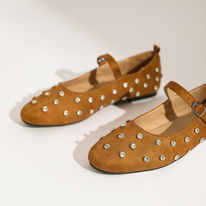 Sheepskin spring and summer new fashionable versatile one-word with rivet buckle leather soft Mary Jane ballet single shoes women