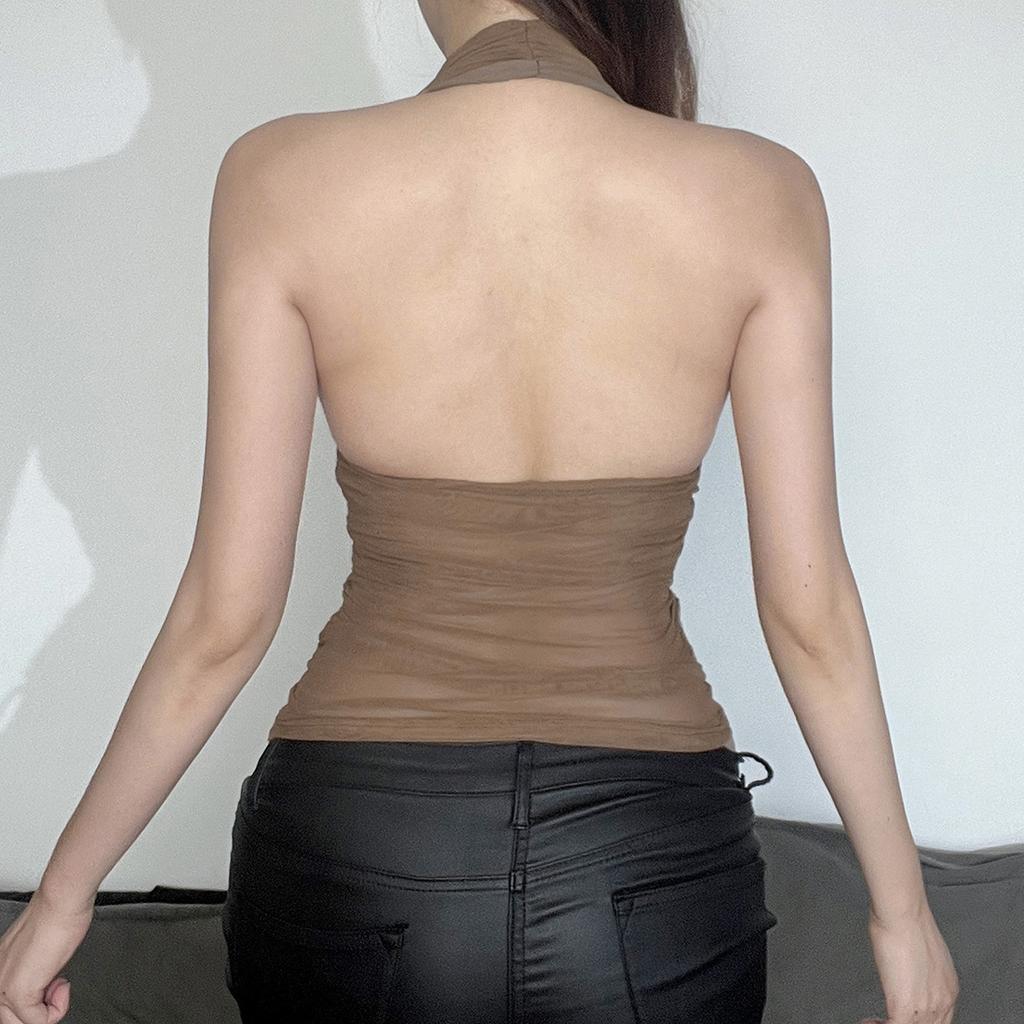 European and American style summer new women's clothing sexy V-neck neck sling vest mesh pleated top women