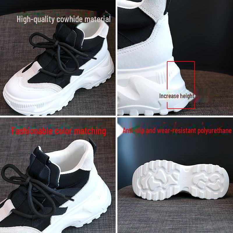 Women's Thick-Soled High-Top Dad Shoes: New 2022 Autumn/Winter White Platform Cowhide Korean-Style Casual Sneakers