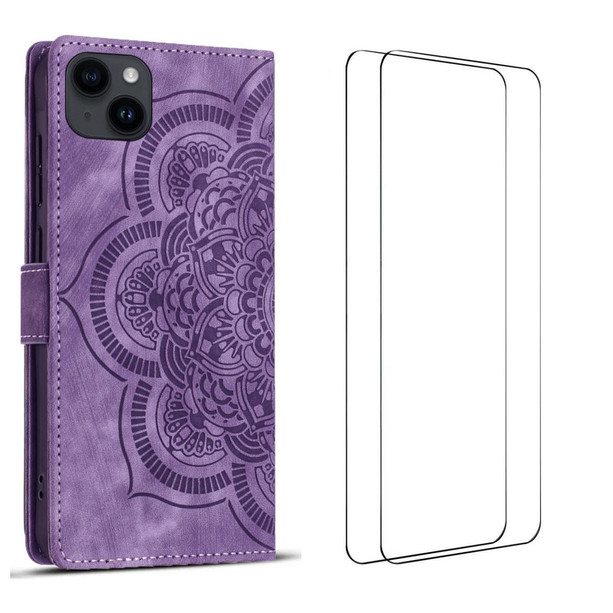 

For iPhone 15 Case with 2Pcs Tempered Glass WANLONFENG MTL Series Mandala Leather Phone Cover Purple
