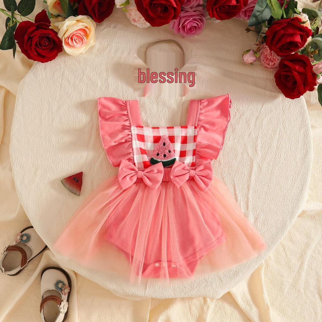 Sweet Baby Girl Fruit Flower Mesh Patchwork Dress with Lace Trim, Bowknot, Harem Skirt, and Hair Tie.