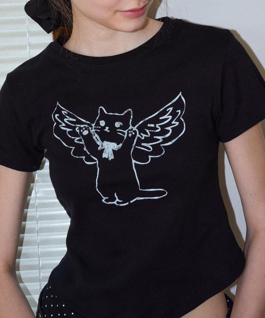 Loginaenloji Angel Cat Printed T-Shirt Black