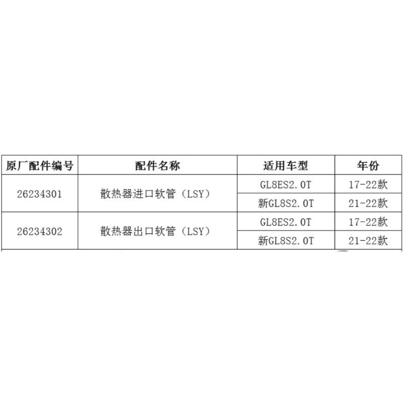 Water Tank Upper Down Pipe Radiator Inlet Outlet Hose 26234302 26234301 for Buick GL8S ES 2.0T 2017 2018