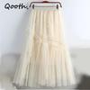 Qooth Sweet Bow Women A Line Tulle Ruffle Skirt Wide Hem Mid Length Elastic Waist Casual Skirt QT2655