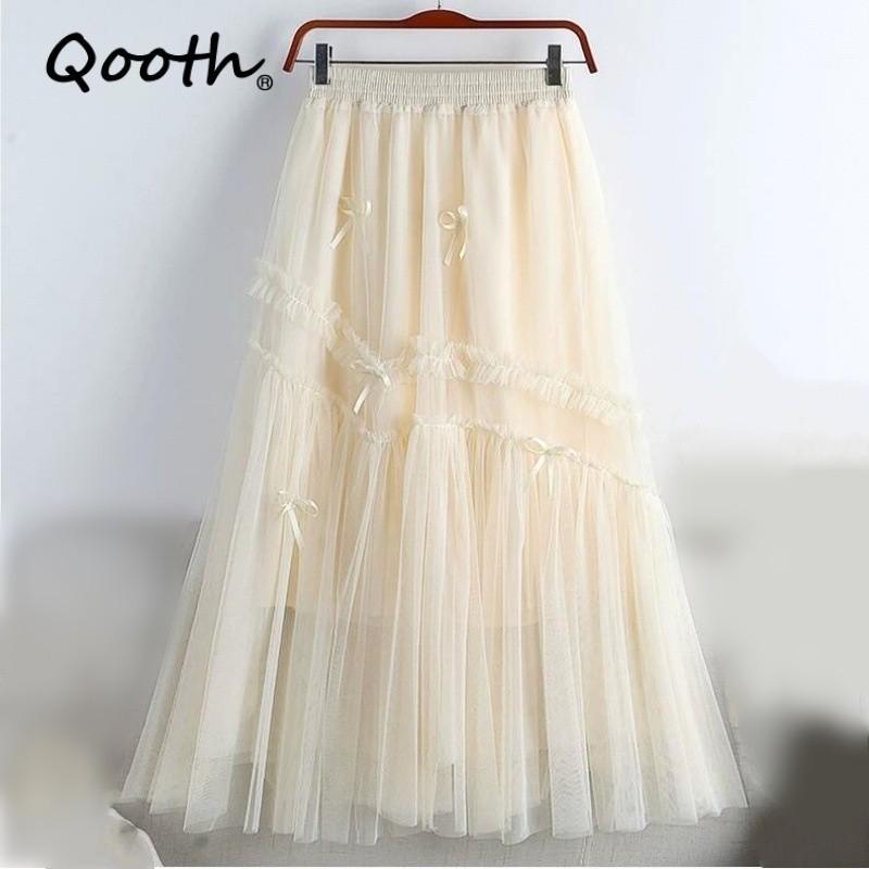 Qooth Sweet Bow Women A Line Tulle Ruffle Skirt Wide Hem Mid Length Elastic Waist Casual Skirt QT2655