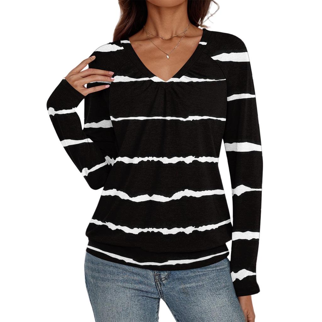 Women's Casual Fashion V-Neck Raglan Pleated Floral Print Long Sleeve Top