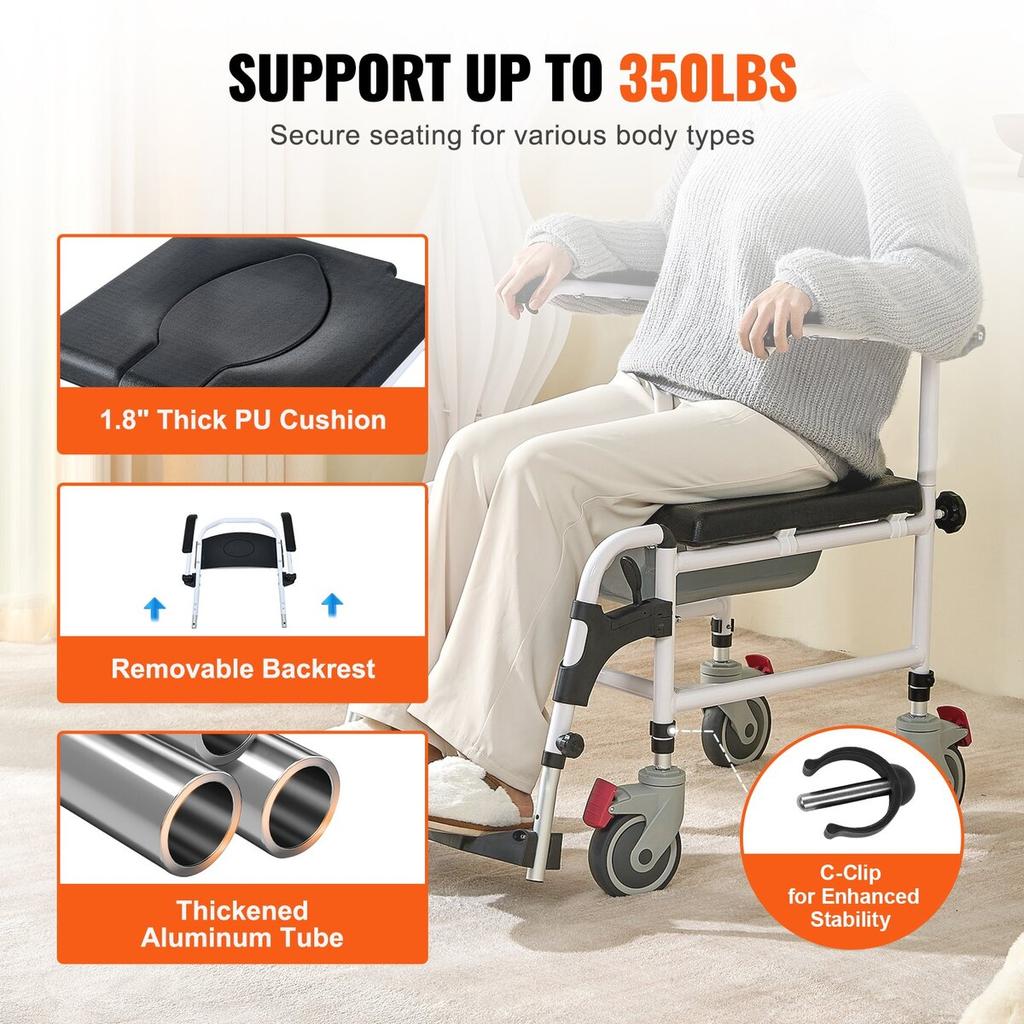 Shower Commode Wheelchair with 4 Lockable Wheels, Footrests, Flip-up Arms, 3-Level Adjustable Height, 5L Removable Bucket, 350 LBS Capacity, Commode