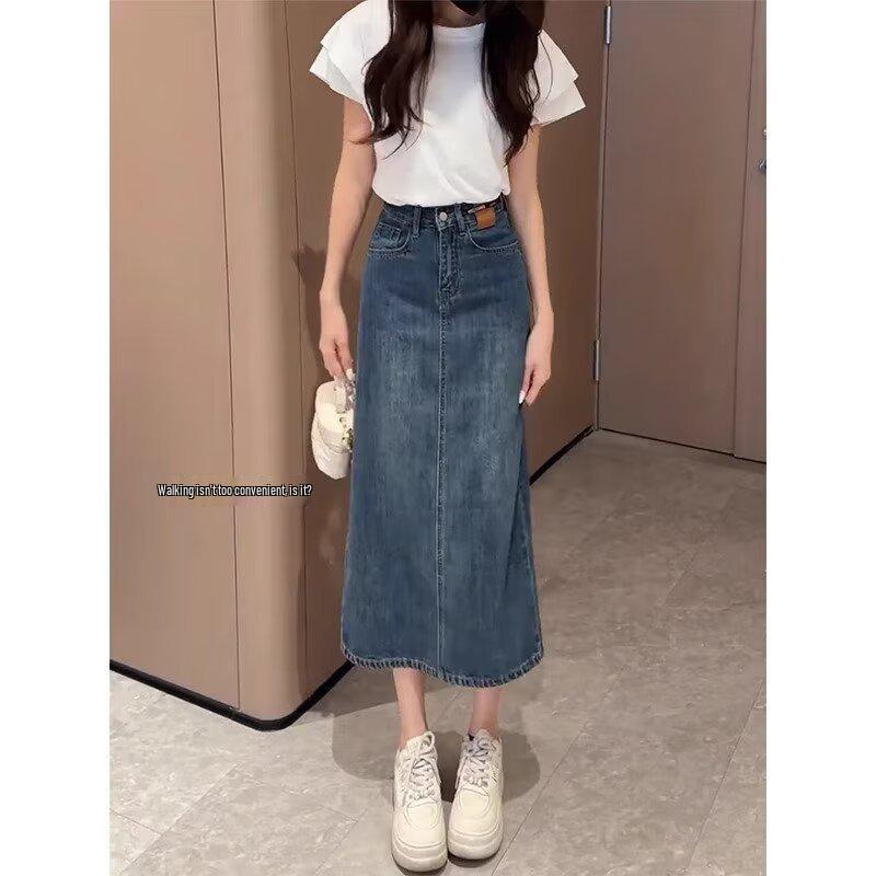 High-Waisted Retro Split Denim Midi Skirt – Plus Size A-Line Slimming Design for Pear-Shaped Figures L