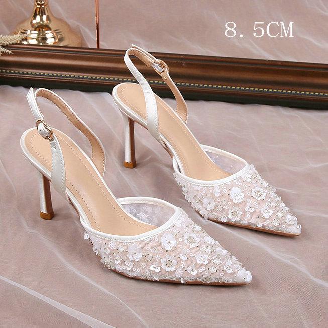 

Fashion French White Lace Stiletto Heels Pointy Rhinestone Sequins Sexy One-Line Buckle With Bun Toe Sandals For Women 34