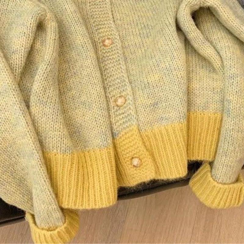 Yellow Short Sweater Coat for Women Spring Autumn Outfit Lazy Style Knitted Cardigan Top