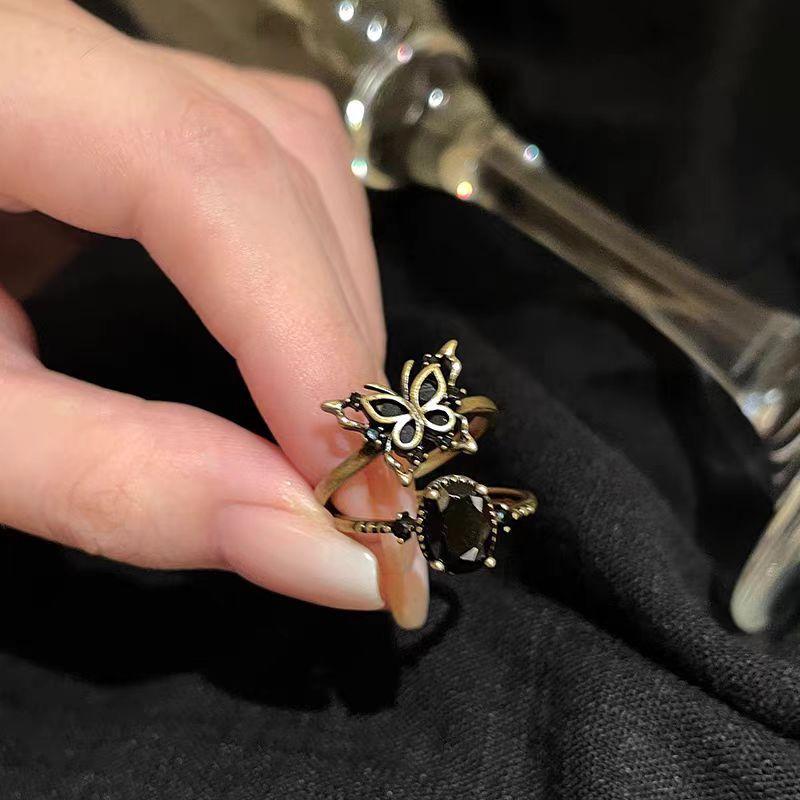 Dark Butterfly Zircon Open Ring Female Retro Retro Personality Stacked Index Finger Ring Sweet Cool Spice Girl Wind Ring