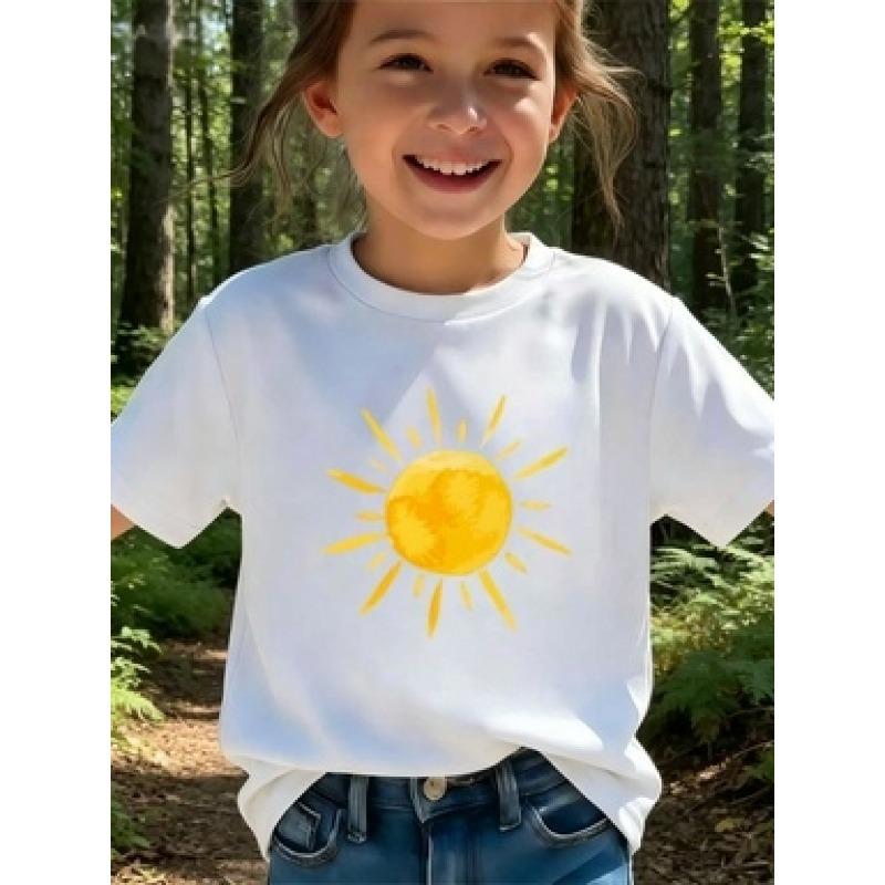European Sizes Energetic Style Top, Watercolor Hand-Painted Sun Design Print, Suitable for Who Love Easy Dressing