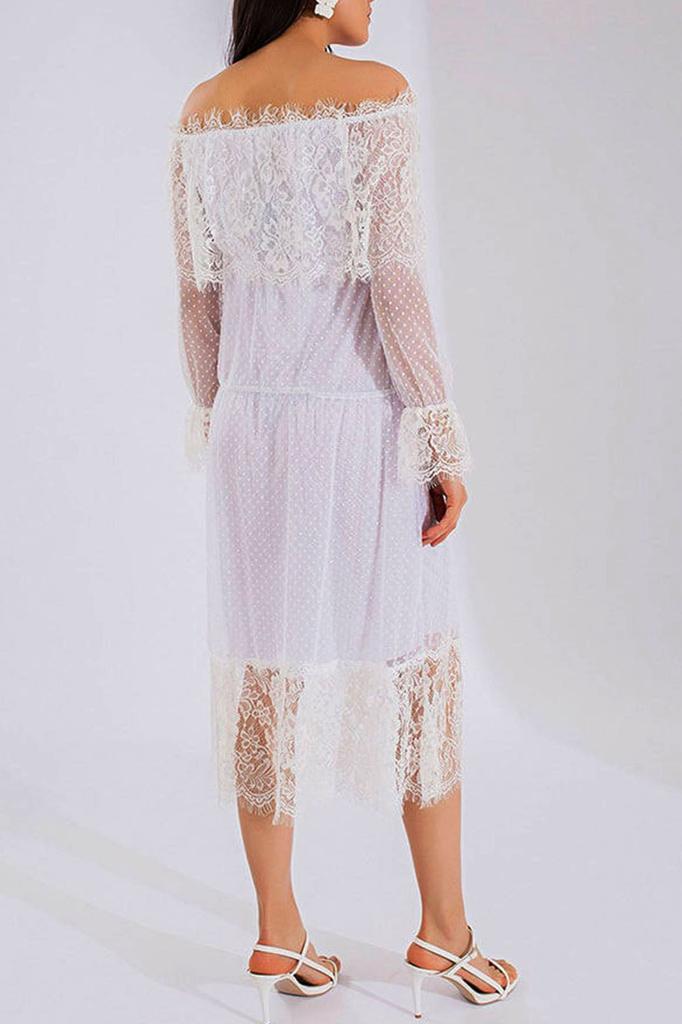 Damen Übergröße Kleid Weißer Madonna-Kragen Guipure-Detail Kleid