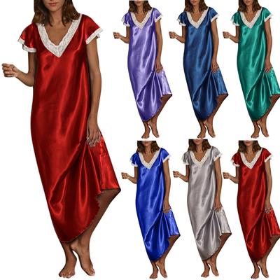 Kadın Kısa Kollu V Yaka Seksi Ipek Saten Elbise Loungewear Gecelik Sabahlık Pijama Lingerie