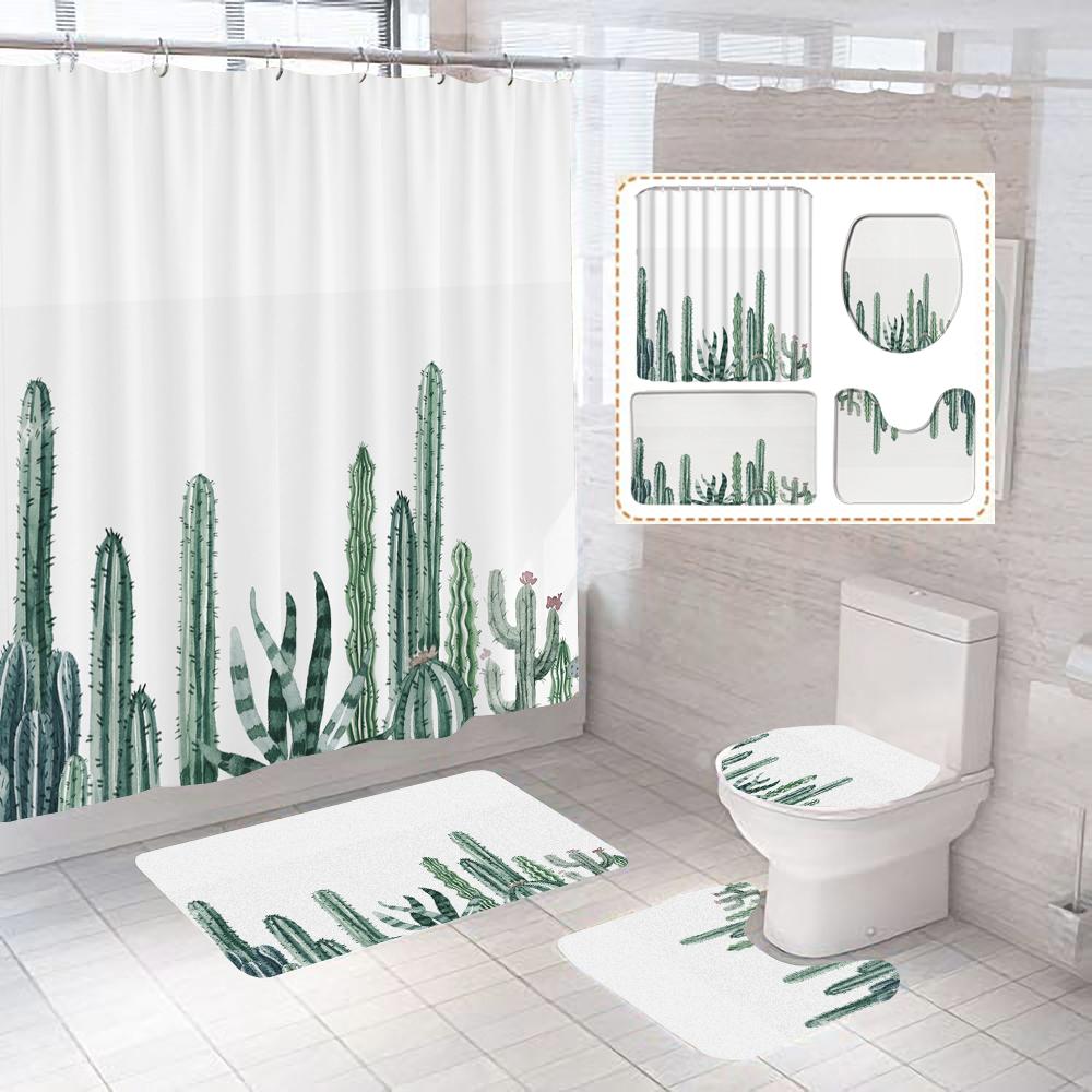 

Green Tropical Plant Cactus Bathroom Curtain Polyester Fabric Shower Curtains Pedestal Rug Toilet Cover Bath Mat Set Home Decor W60H190(CM)-1 Pcs