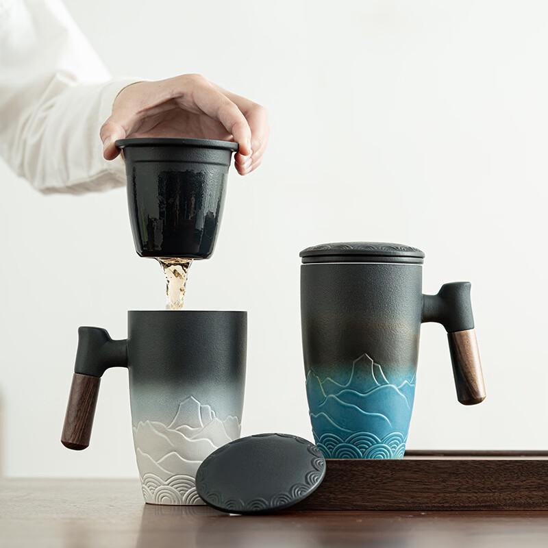 OLOEY Ceramic Mug with Lid and Wooden Handle