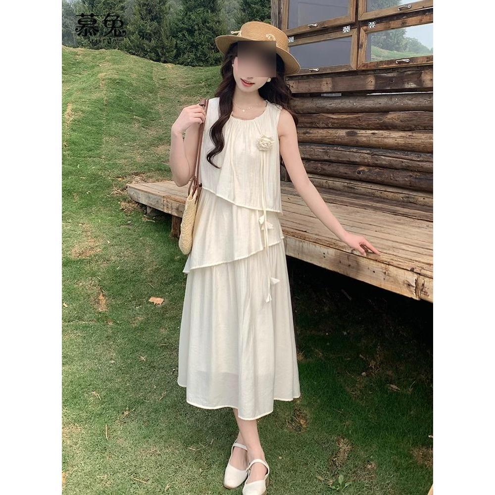 French Sleeveless Sweet Wind Milk Yellow Dress Female Design Sense Gentle Lotus Leaf Edge Super Fairy Fresh Long Dress Summer