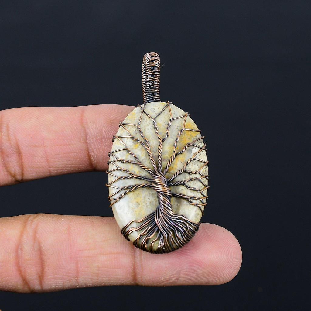 Tree Of Life Fossil Coral Gemstone Pure Copper Wire Wrapped Handmade Pendant Jewelry