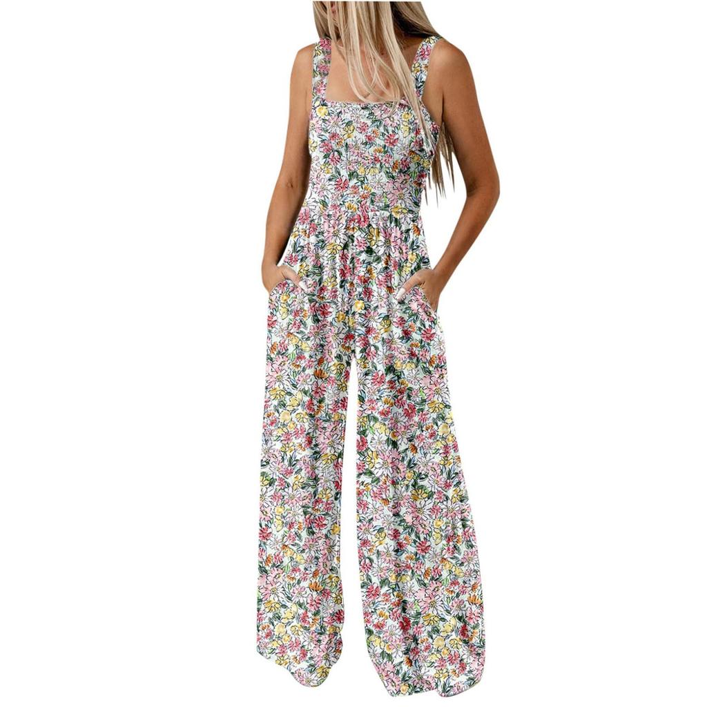 Jumpsuit mit weitem Bein und Hosenträgern, plissierten Schultergurten, bedruckter Tasche und Hosenträgern für Damen