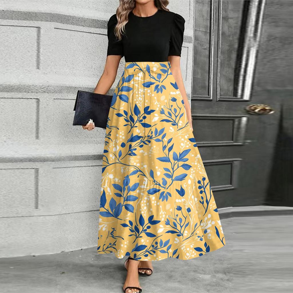 Damen Modisches Lässiges Gürtel Kurzärmeliges Rundhals Print Elegantes Temperament Kleid