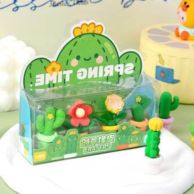 4Pcs Cute Cartoon Cactus Succulent Potted Shaped Eraser Less Crumb Pencil Eraser Primary School Student Stationery Supplies Gift