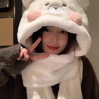 Cute Bear Hat, Scarf and Gloves Integrated Three-piece Set for Women's Winter Warmth, Velvet and Thickened Cycling Cold-proof Scarf