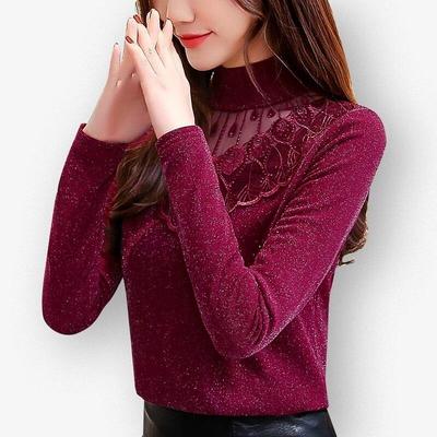 Nové Podzim Zima Ženy Spodní Krajka Síťovina Halenka Košile Žena Štíhlá Teplé Dlouhé Rukávy Topy Halenka Plus Velikost 5XL