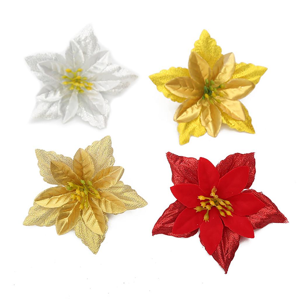 6PCS Christmas Glitter Flowers Yellow Flower Christmas Ornaments for Xmas Holiday Wedding Wreath Party Floral